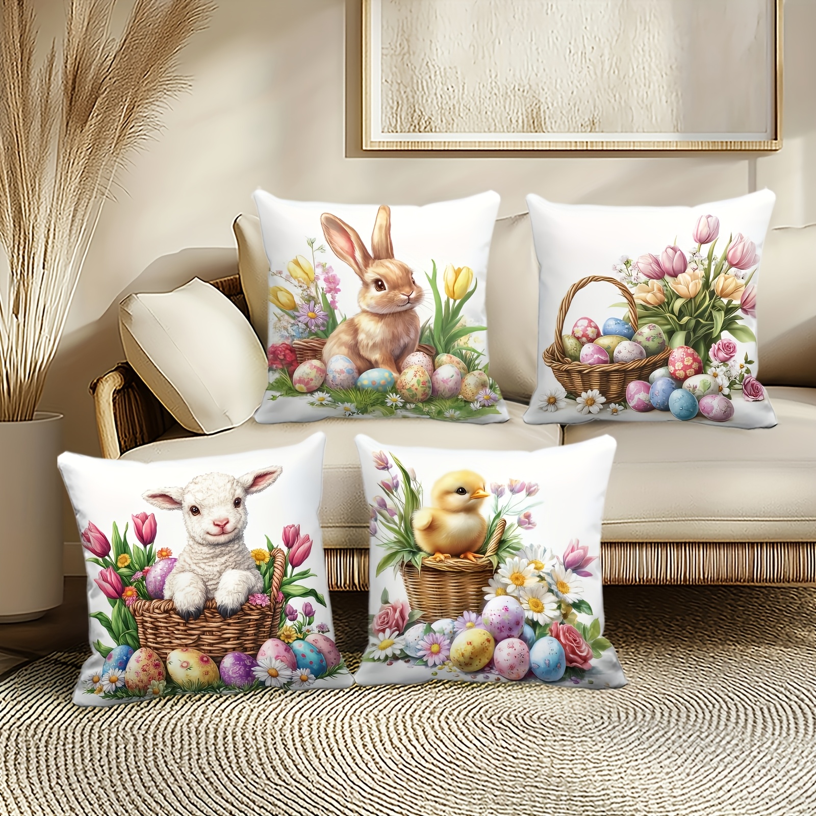 

4pcs Easter Flower Pattern Pillowcase Set - Soft Polyester Material, Zipper Closure, Hand Washable Suitable For Sofa And Home Decor, Office Living Room - Without Filling, Single-sided Print