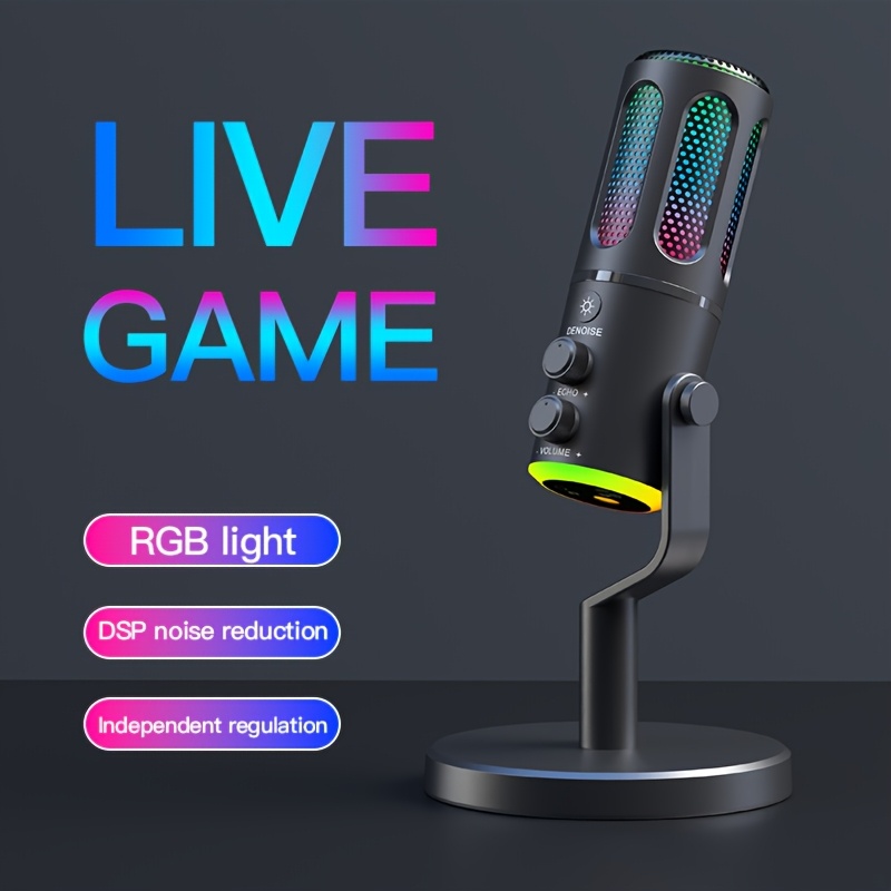 

1pc Senwuko Usb Microphone With Rgb Lights, Omnidirectional, , Volume Control, , For Gaming, Karaoke, Streaming, - Usb Type C, Black