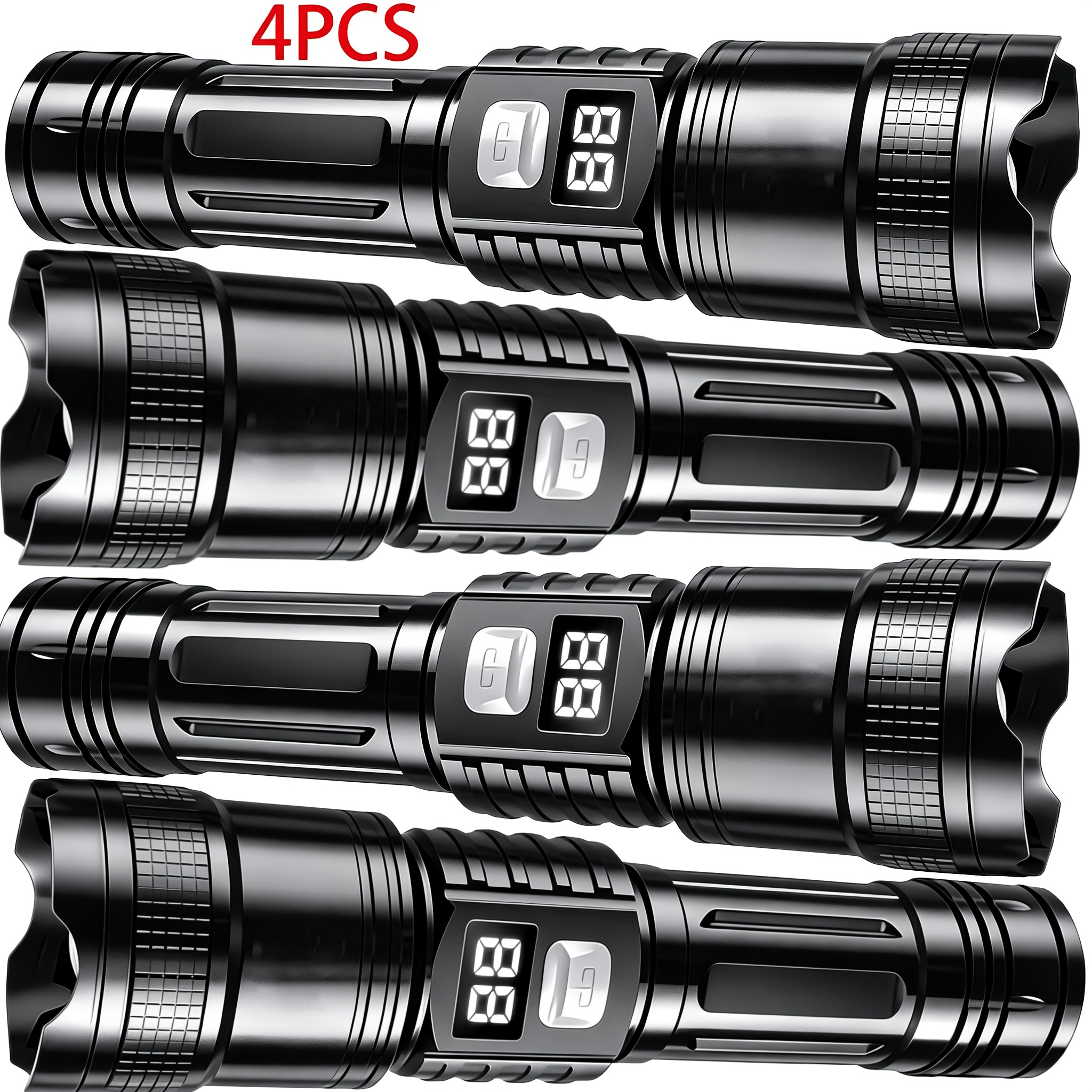 TEMU 4pcs Rechargeable Led Flashlights, 3 Lighting , Spotlight, Usb Charging, Led Display, Lightweight And Portable, Suitable For Camping, Farm