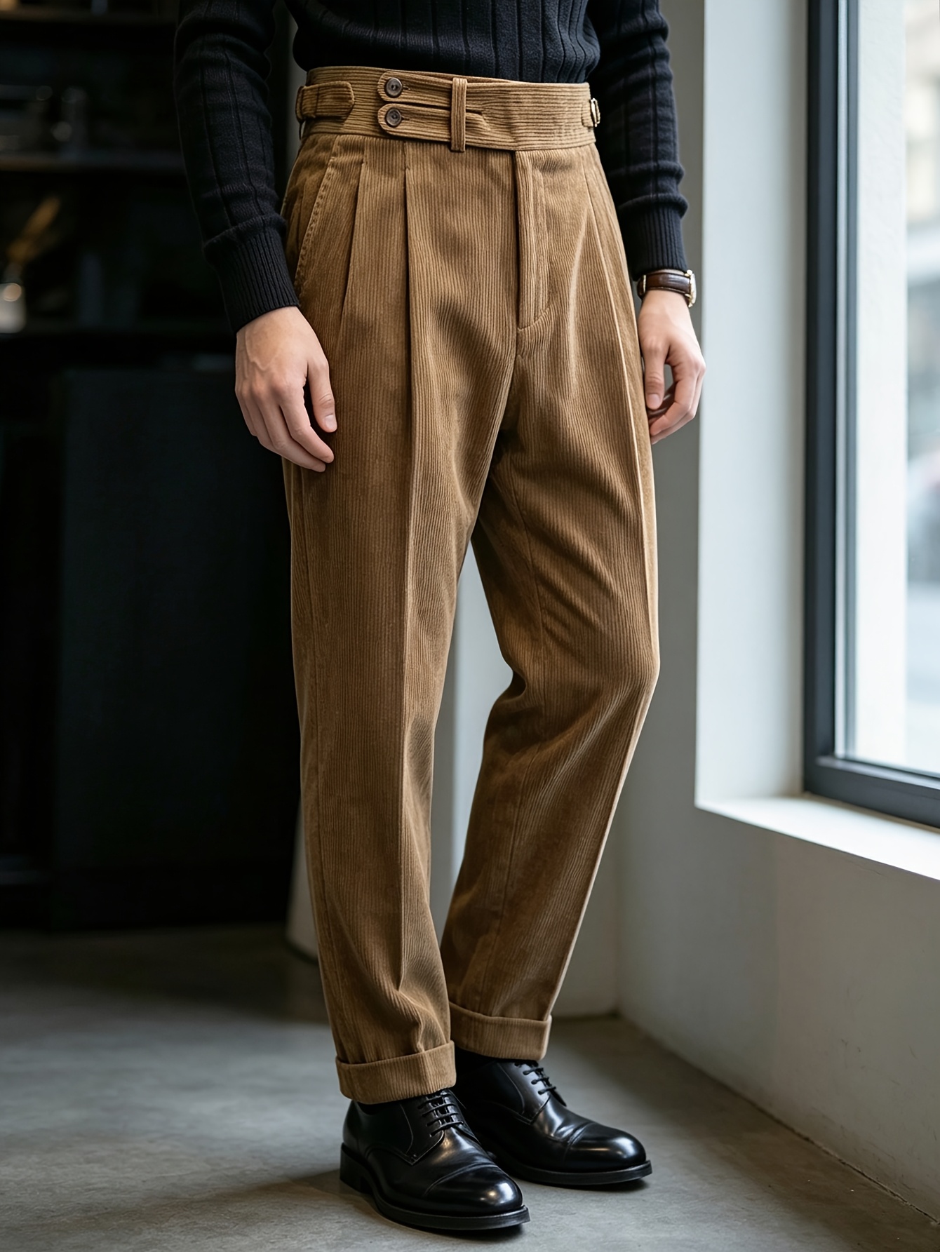 Autumn/Winter New Corduroy Ribbed Cotton Fabric Light Business Elegant Italian Neapolitan Solid Color Button Side Paris Buckle Sword Head Waistband Double Pleat Straight-Leg Trousers Men's Formal Pants Suit Pants Gurkha Pants, Suitable for Daily Work