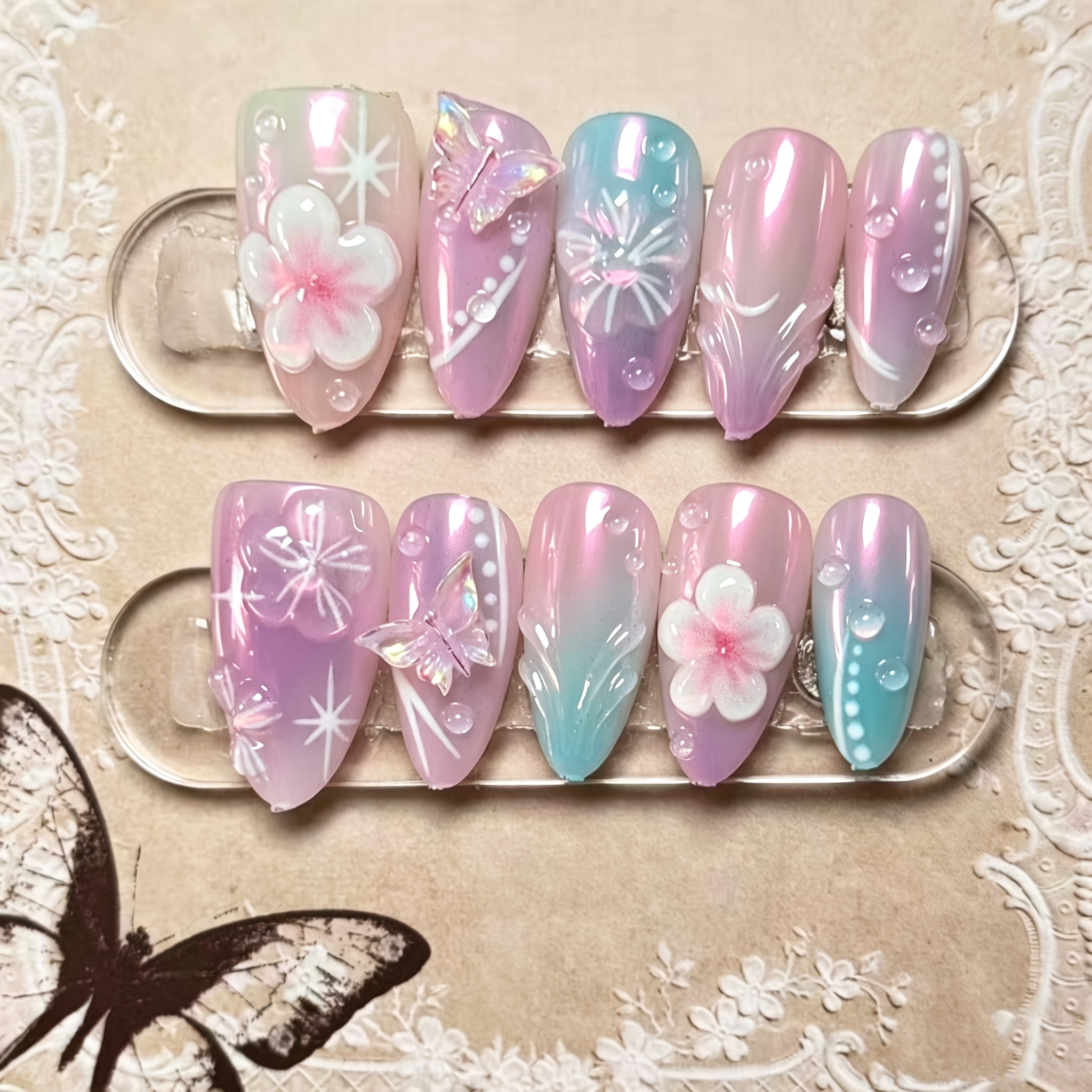 TEMU 10 uñas postizas almendradas medianas y largas, diseño de flor y 3D degradado Aurora con detalles de perlas y gelatina, estilo de Y2K , cubierta