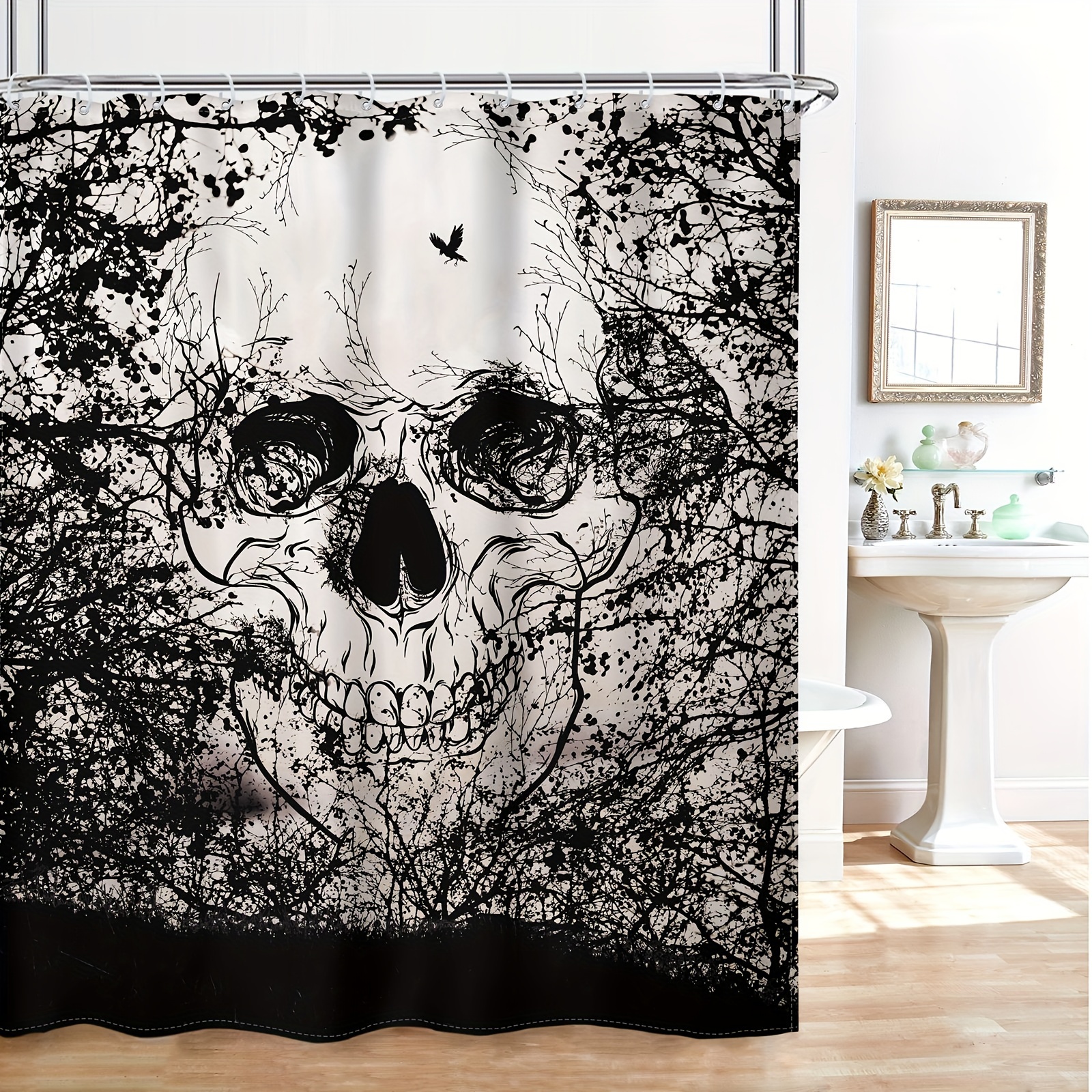 

1pc Gothic Shower Curtain, Polyester Fabric, Black Horror Tree And Skeleton Design, Creepy Cool Unique Sketch Waterproof Bath Decor With 12 Plastic Hooks For Home Bathroom Tub Decoration