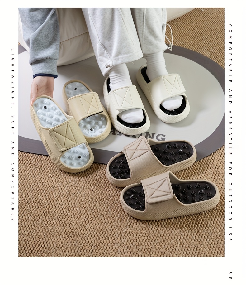 mens   slides non slip thick   beach sandals casual eva upper pvc insole beige white with black accents   indoor outdoor relaxation everyday slippers textured strap design eva construction summer sandals Product details 0