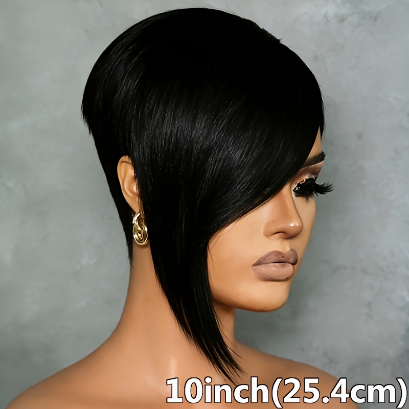 Image of Short Cut Human Hair Wig With Bangs Human Hair Short Straight Human Hair Wig 10inch 180% Density Cut Wigs For Women With Daily Wear
