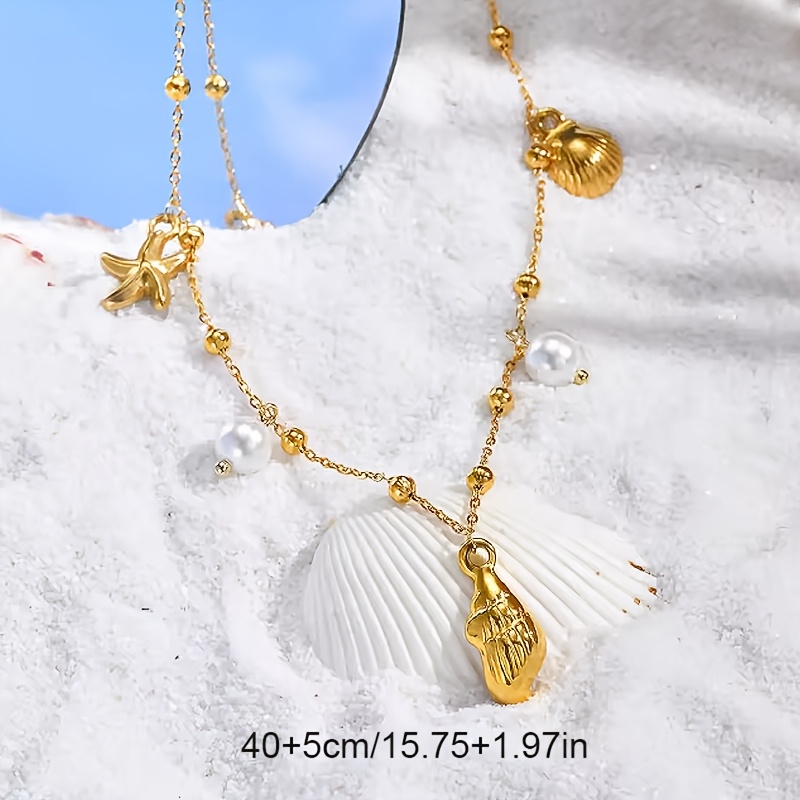 Women's Ocean-Themed Conch Pendant Necklace, 18K Gold Plated