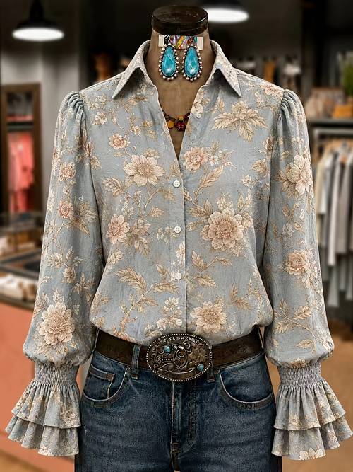 spring summer autumn elegant womens retro printed floral womens blouse bell sleeve womens shirt travel work elegant womens clothing