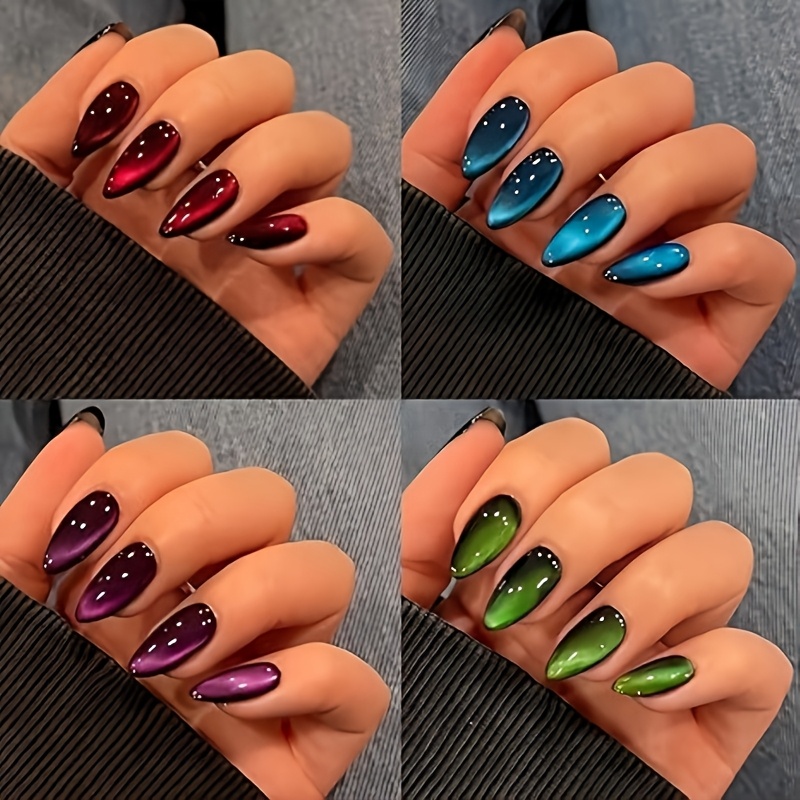 E-shop 4er-Set Katzenauge Mandelförmige Aufklebenägel, Mittellange Stiletto-Aufklebenägel, Glitzer-Künstliche Aufklebenägel, Süß Funkelnd, Geeignet als