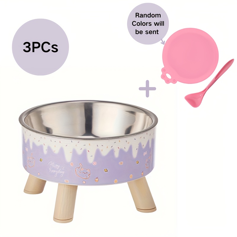 TEMU Ensemble de 3 pièces, Gamelle surélevée pour chat au design dessin animé tendance avec cuillère pour nourriture humide et couvercle de boîte de
