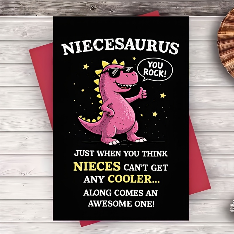 TEMU 1pc Greeting Card Niecesaurus Greeting Card Funny Dinosaur Rock Message For Niece From Aunt Or Uncle Birthday Congratulations Flat Card