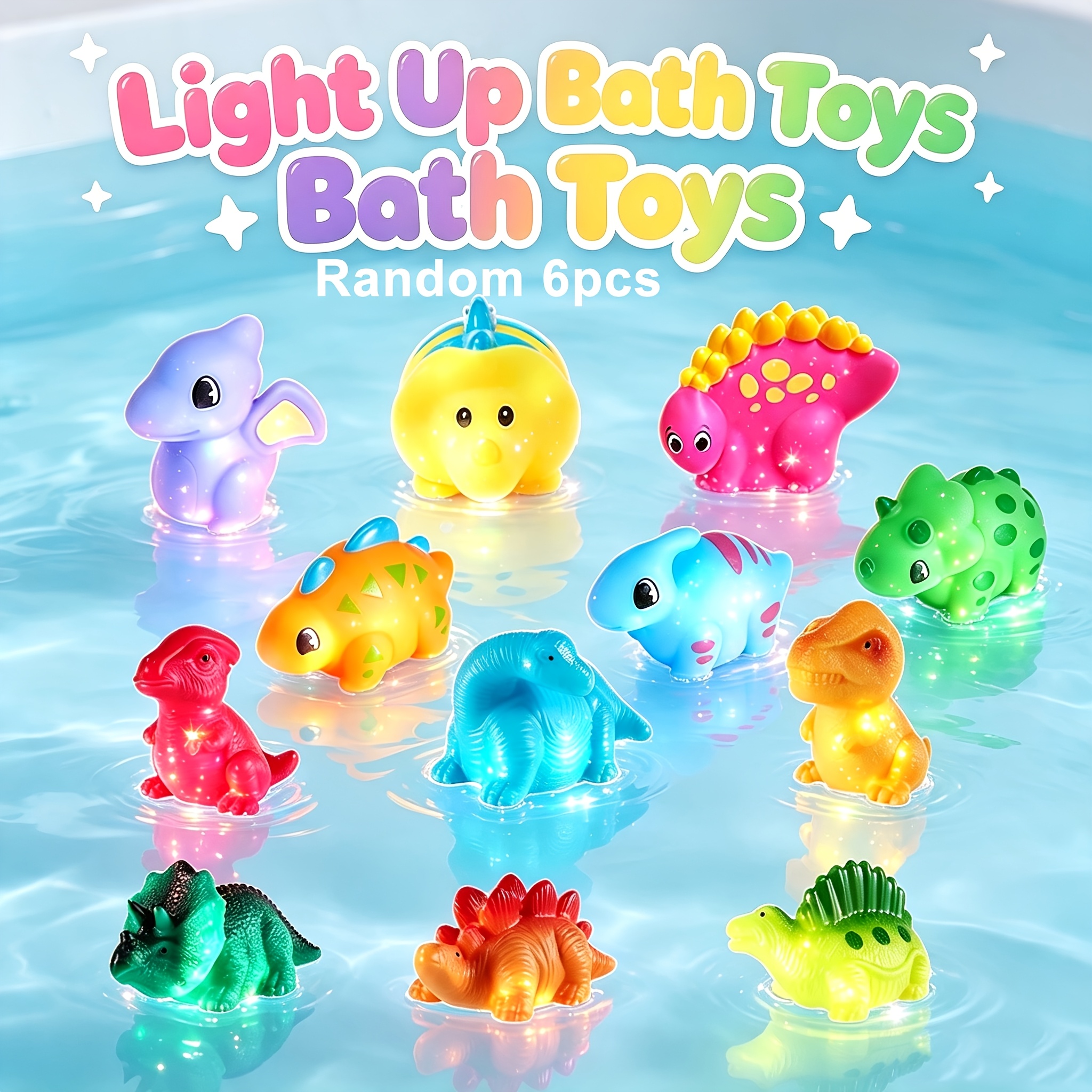 TEMU 6pcs No Hole Light Up Dinosaur Bath Toys Set, Glitter Colorful Bathtub Toys, Bathtub Floating Water Toys, Great Gifts For Bathroom Water Tub