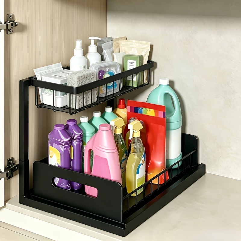 1pc Pull-out Double Layer Under-sink Storage Rack, Carbon Steel Multifunctional Kitchen And Bathroom Shelf, Suitable For Essentials And Cleaning Supplies Organizer -