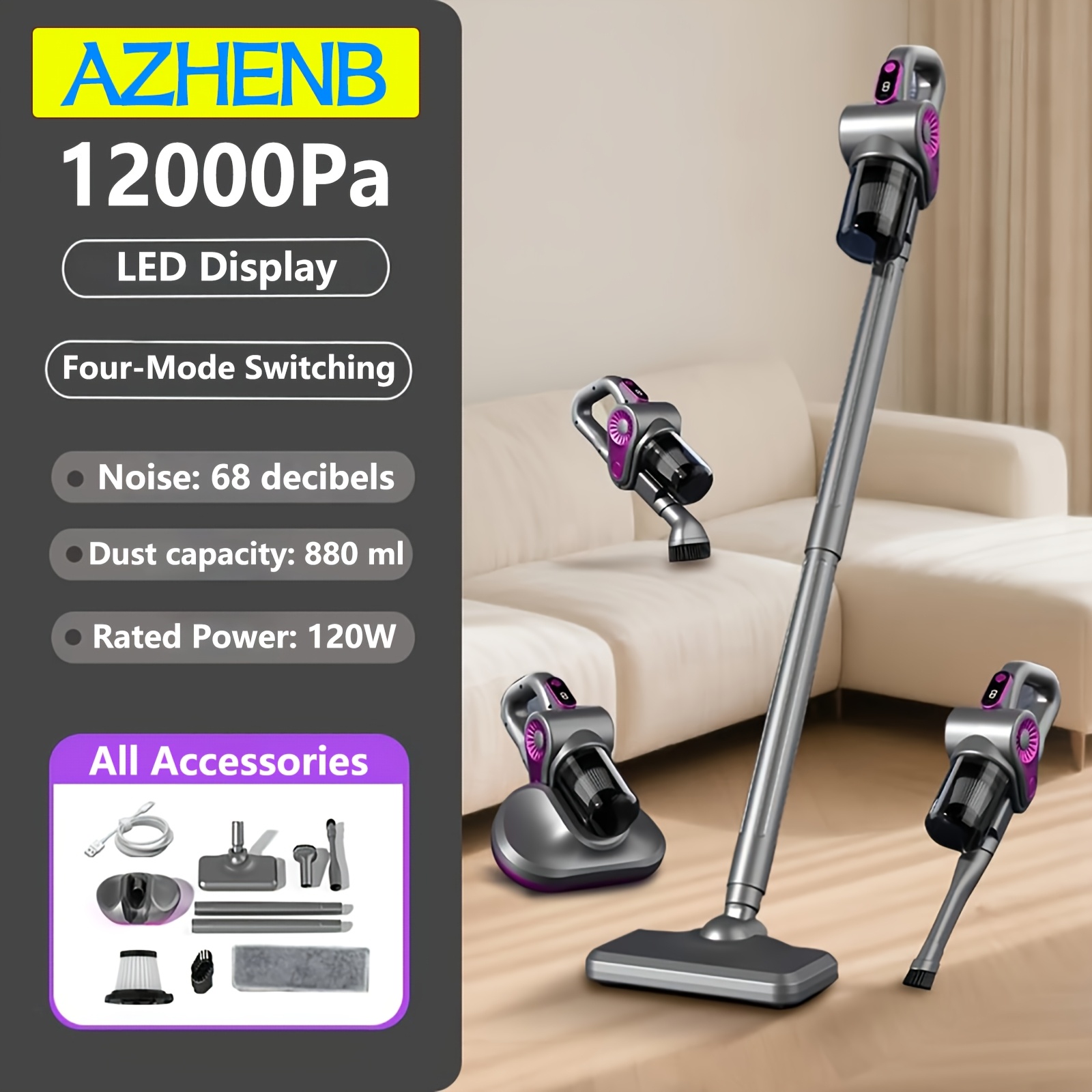 TEMU Cordless Vacuum Cleaner 12000pa Suction, 2-in-1 Stick & Handheld, Brushless Motor Led Display Hepa Filter, 880ml Dust Cup Lightweight