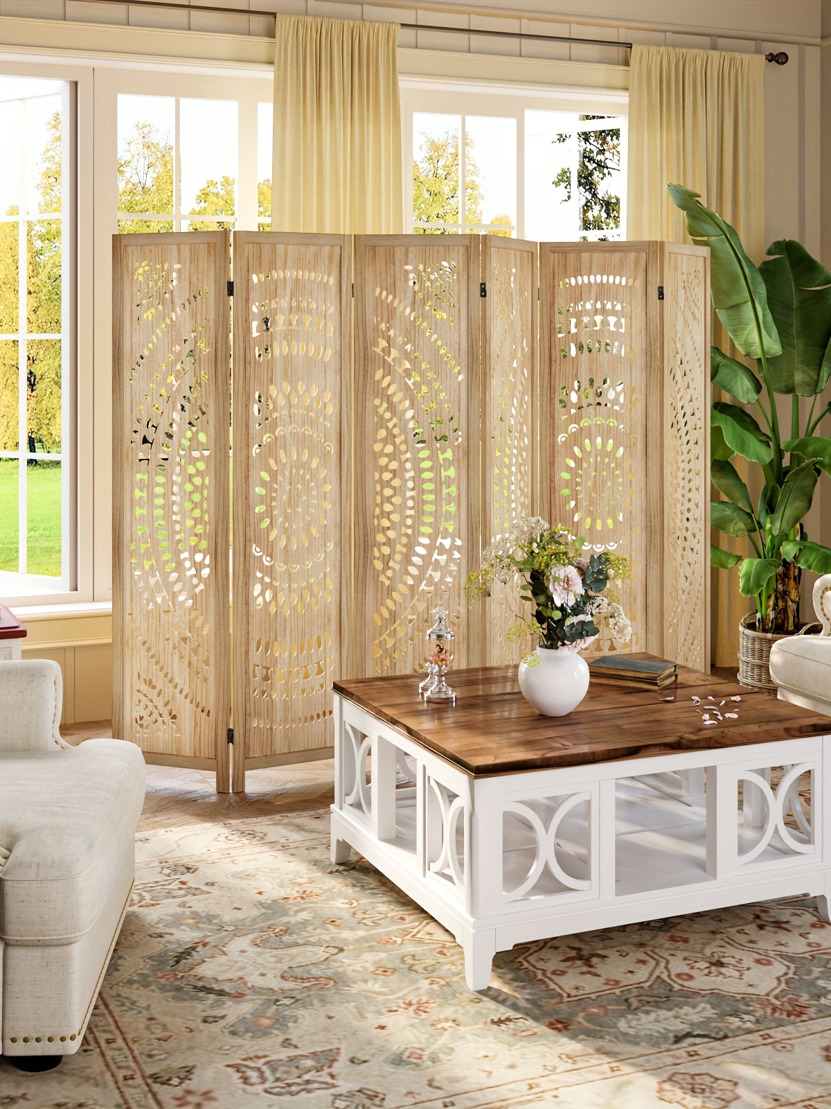 3/6 Panel Boho Folding Room Divider - Carved Wood Privacy Screen, Adjustable Indoor/Outdoor Farmhouse Partition with Lightweight HDF Board & Wood Veneer Panels, Portable Room Divider for Home, Office, Garden, Patio Suitable for Privacy Screening