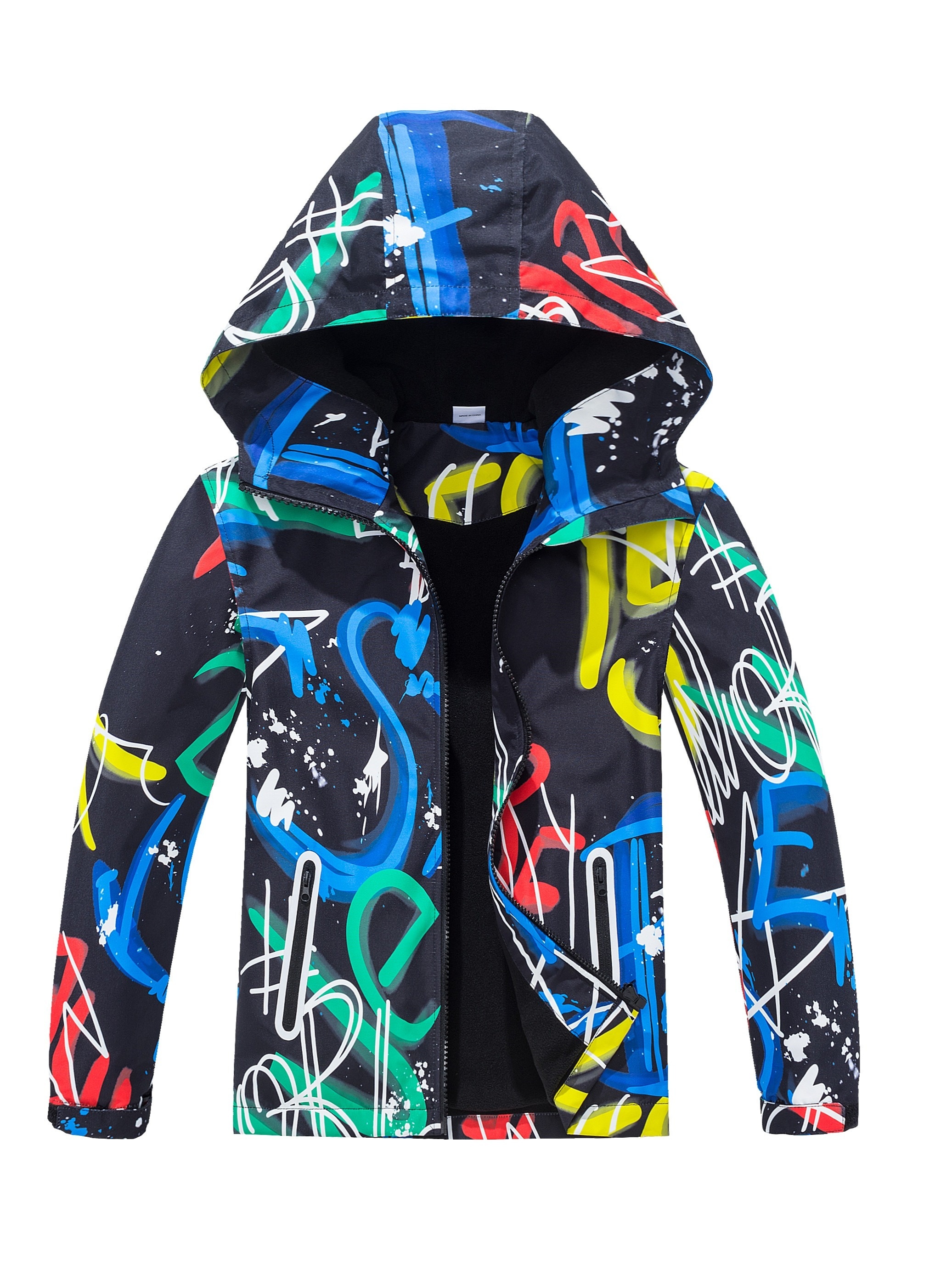 Boy's Hooded Jacket - Graffiti Print - Zip Up Lightweight Windbreaker for Outdoor Coat