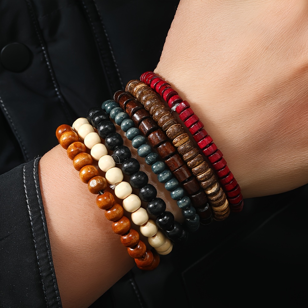 

7pcs Men's Retro Cool Beaded 8mm Wooden Bead Beaded Bracelet