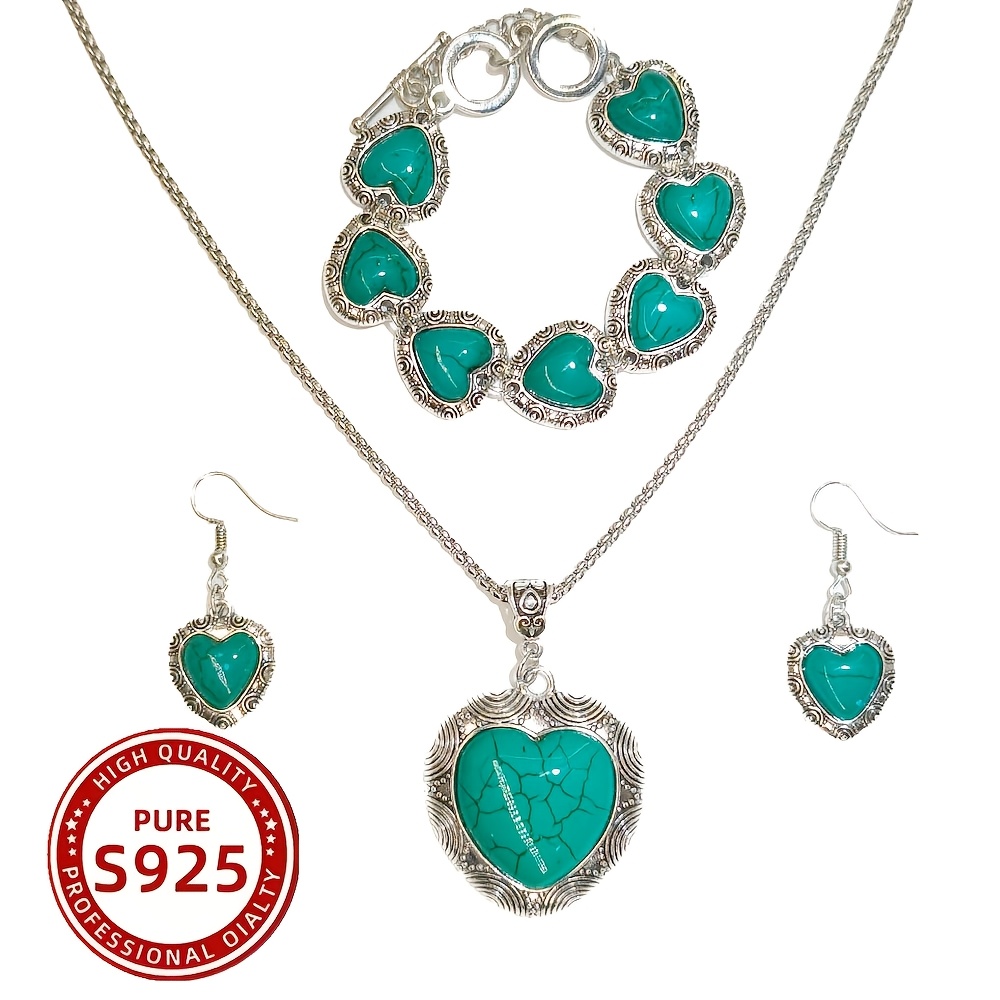 

1 Set Vintage Elegant 925 Sterling Silver Turquoise Heart Pendant Necklace And Bracelet With Matching Earrings, Bohemian Style Jewelry For Women, Daily And Party Wear, Accessory