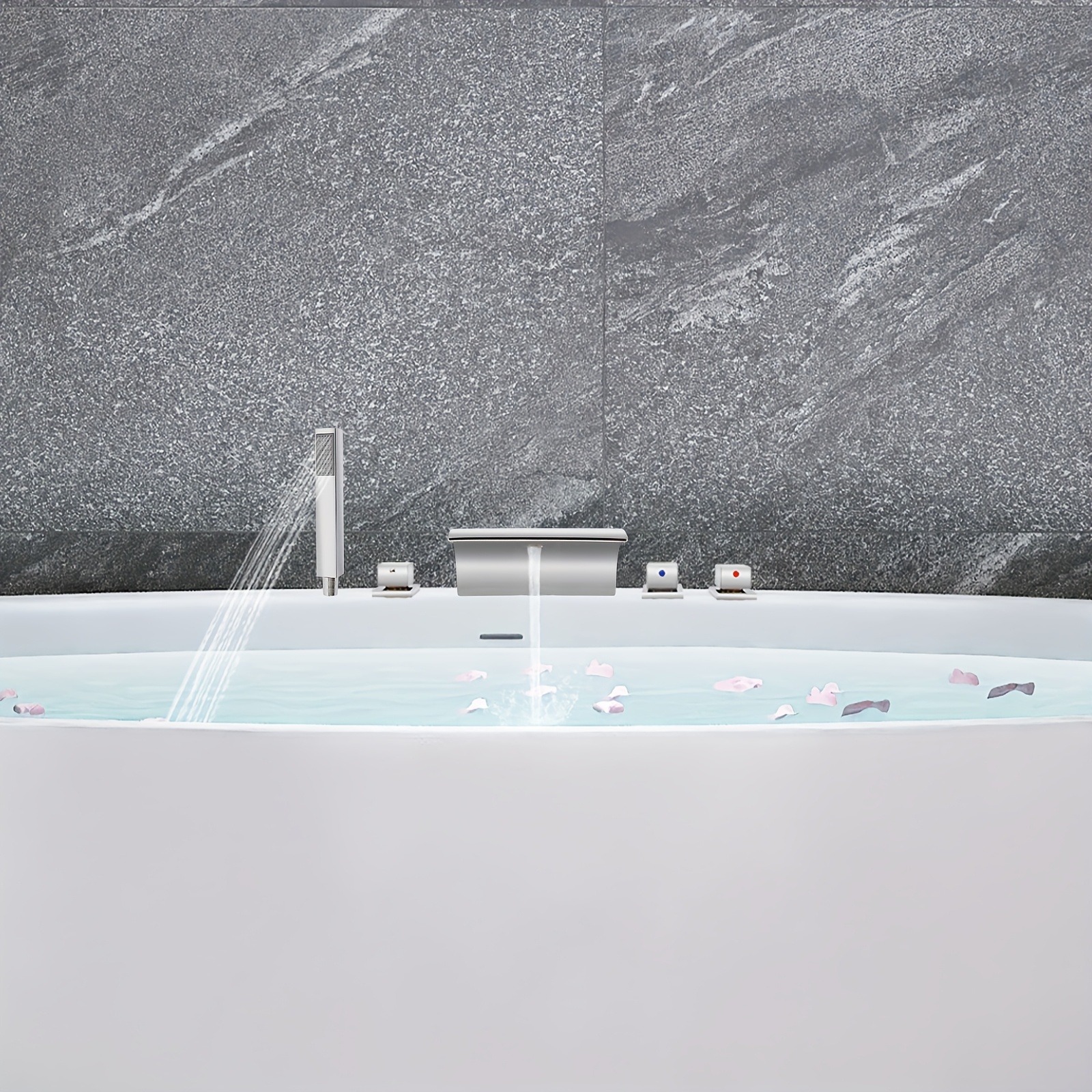 5 Hole Bathroom Bathtub Waterfall Chrome Mixer Tap & Hand Shower