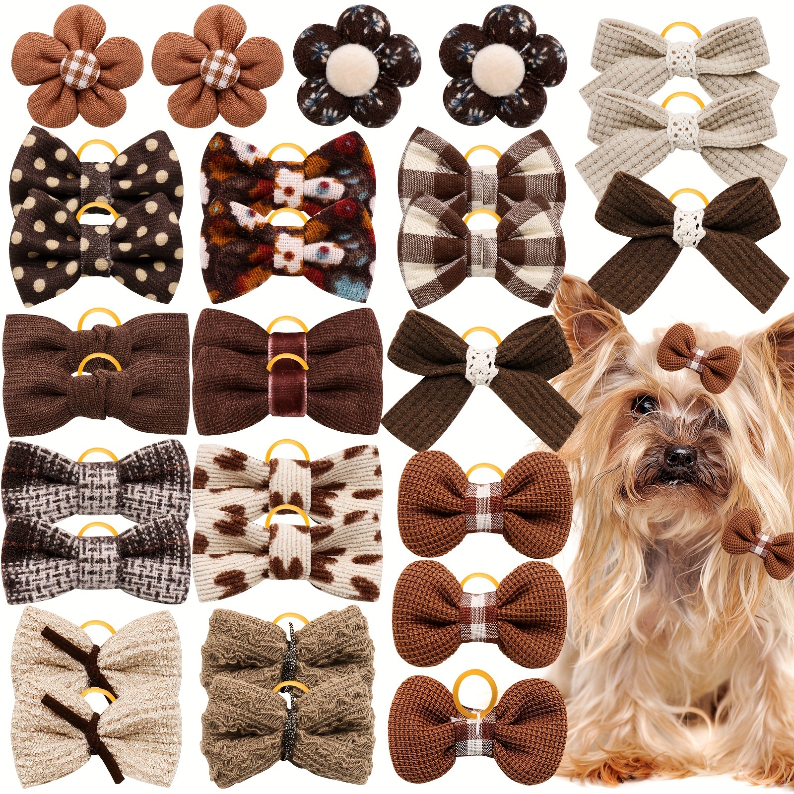 

10pcs Pet Headwear Coffee Color Diverse Small Flowers And Bow Head Flowers Beauty Decoration