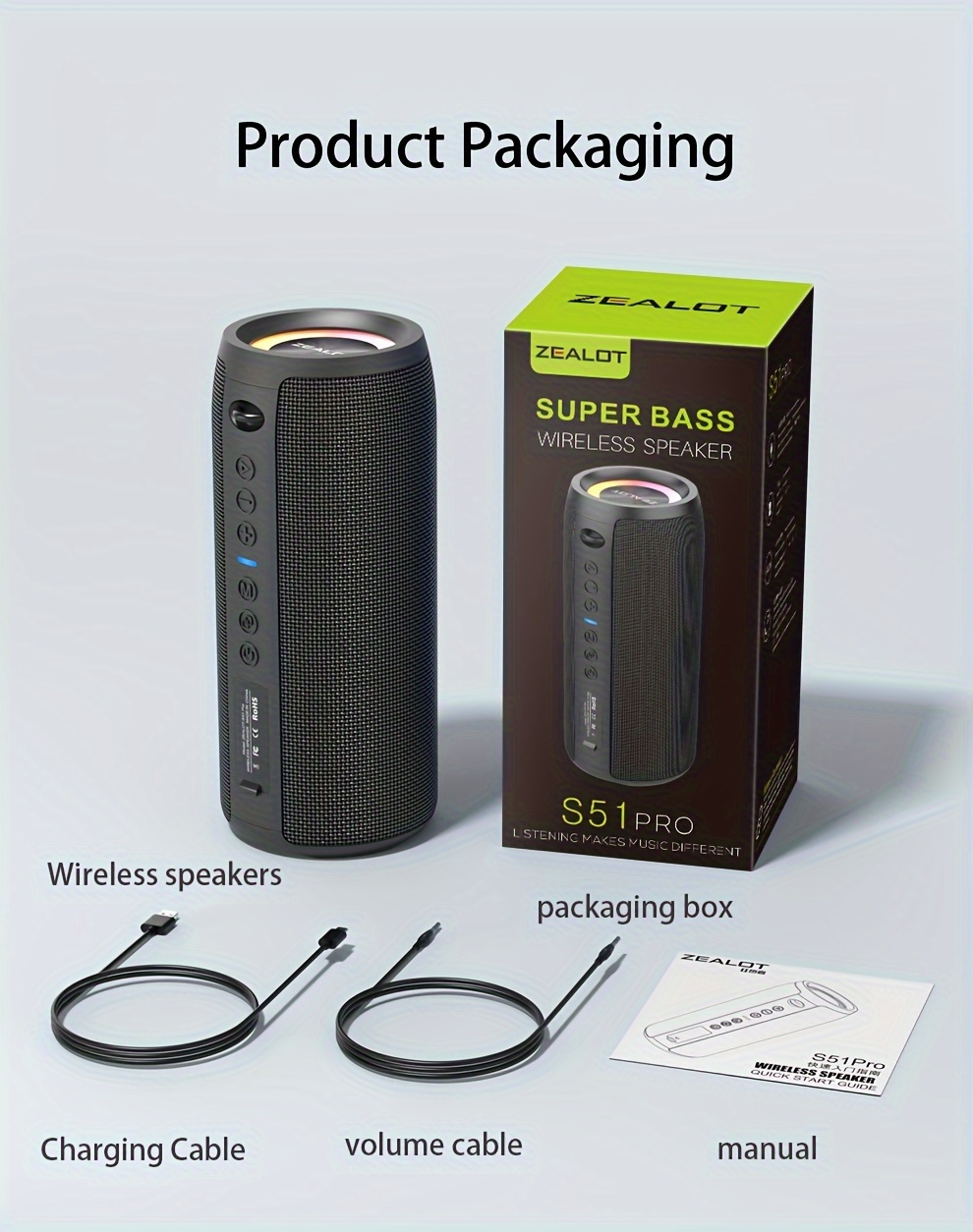 ZEALOT S51 Pro Haut-parleurs sans fil 40W - 16 heures d'autonomie, double appairage, basses explosives, IPX5, subwoofer portable avec port Type-C, chargement USB-C, son surround 7.2, pour la maison, la voiture, le camping, les voyages et l'extérieur