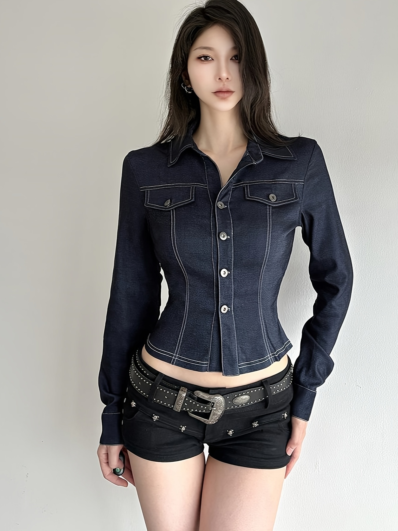 Womens Vintage Blue Denim Jacket Short Length Button Front