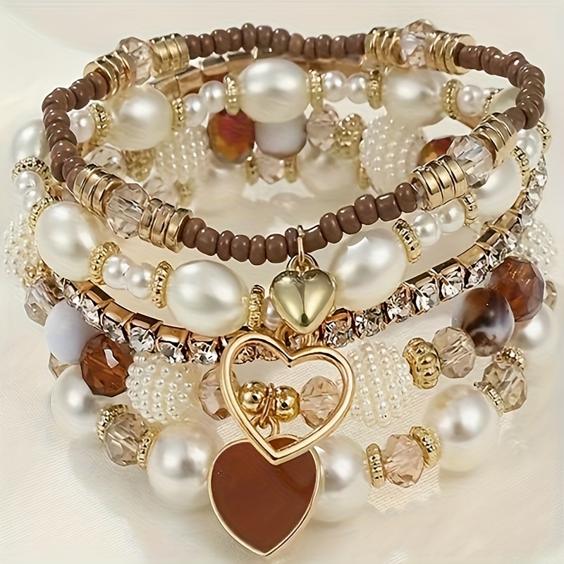 TEMU Conjunto de 5 pulseras vintage bohemias con forma de , de perlas y diamantes de , pulsera para mujer, ideal para usar en vacaciones , fiestas en