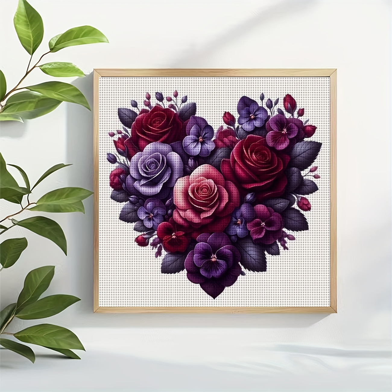 Printed DIY Cross Stitch Kit, Frameless, "Heart-Shaped Purple Flowers" Pattern