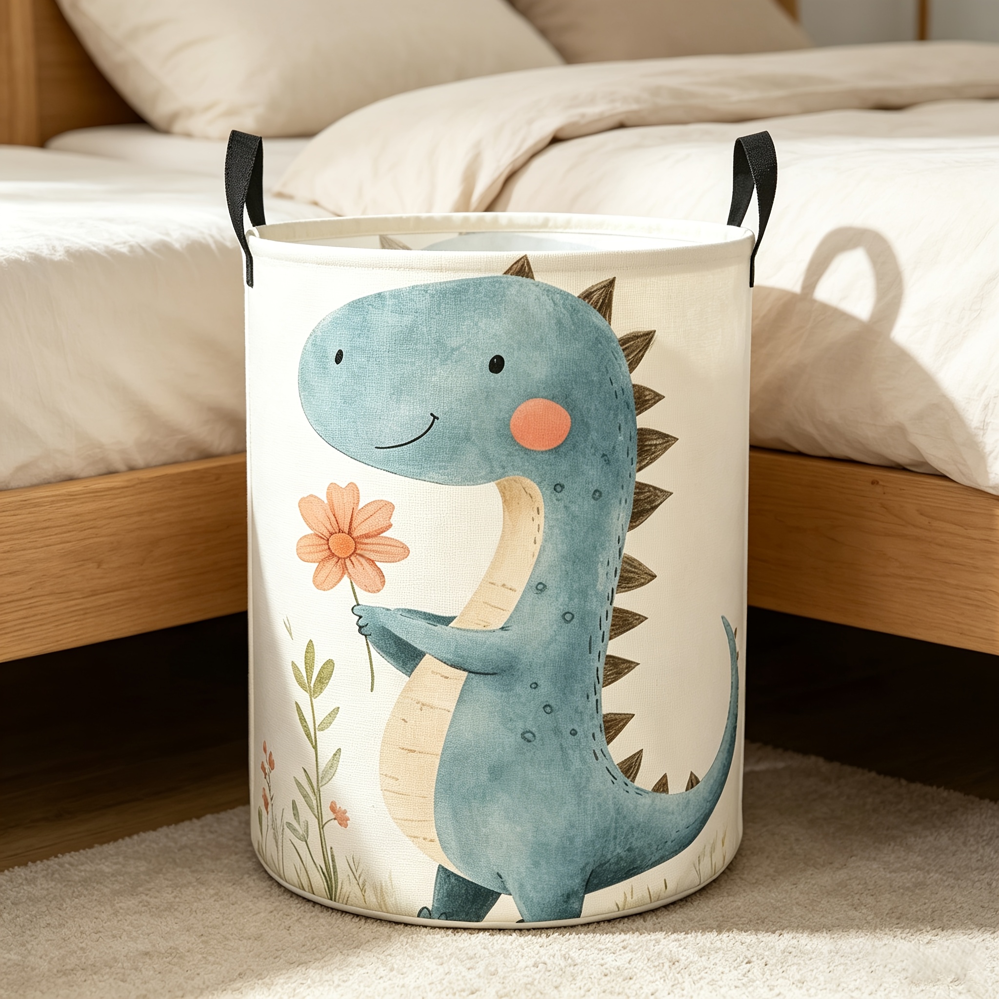TEMU 1pc Dinosaur Holding Small Flowers Design Storage Basket - Large Capacity Foldable Fabric Basket, Laundry Hamper, With Handle, Suitable For