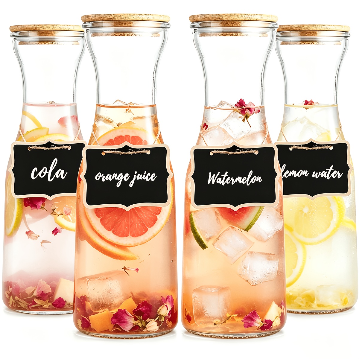 Image of Glass Bottle Water Bottle With Transparent Lid 4pcs Set, Beverage Service Set Board And Marker, Suitable For And Container, Cold Drinks And Juices. Festive Party Large Capacity Drinkware.