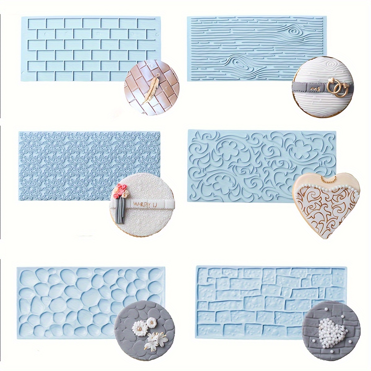 

6-piece Plastic Mat Set For Fondant, Clay, And Cake Decorating - And Brick Embossed Molds For And Wedding Cake Design