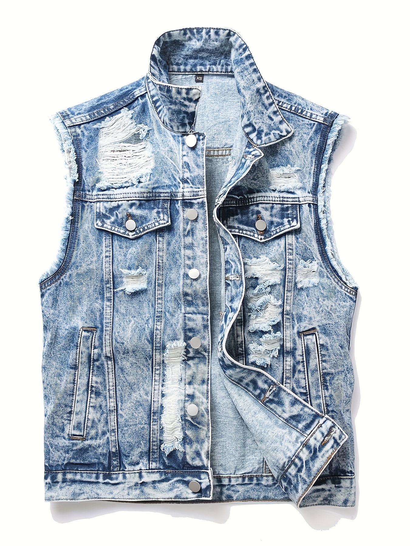 Herren Distressed Denim Weste Hellblau, Lässiges Ärmelloses Design mit  Knopfleiste, Klappentaschen und Ausgefransten Kanten für Frühling/Herbst, 