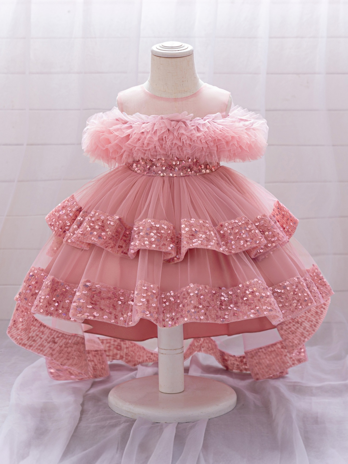kids girls tulle ball gown shiny sequins round neck high low - Temu