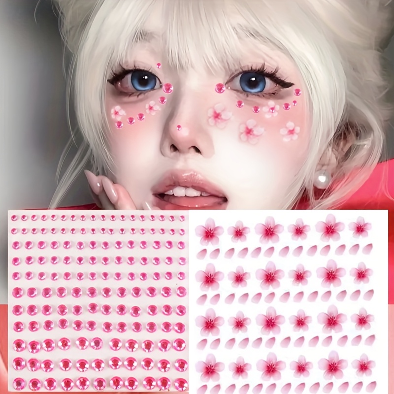 Image of 2pcs Set Of Pink Cherry Flowers Makeup Stickers For Facial And Eye, Flower Tear Stickers For Stage Makeup, Facial Makeup Stickers For Eyebrow Center And Tear Decoration