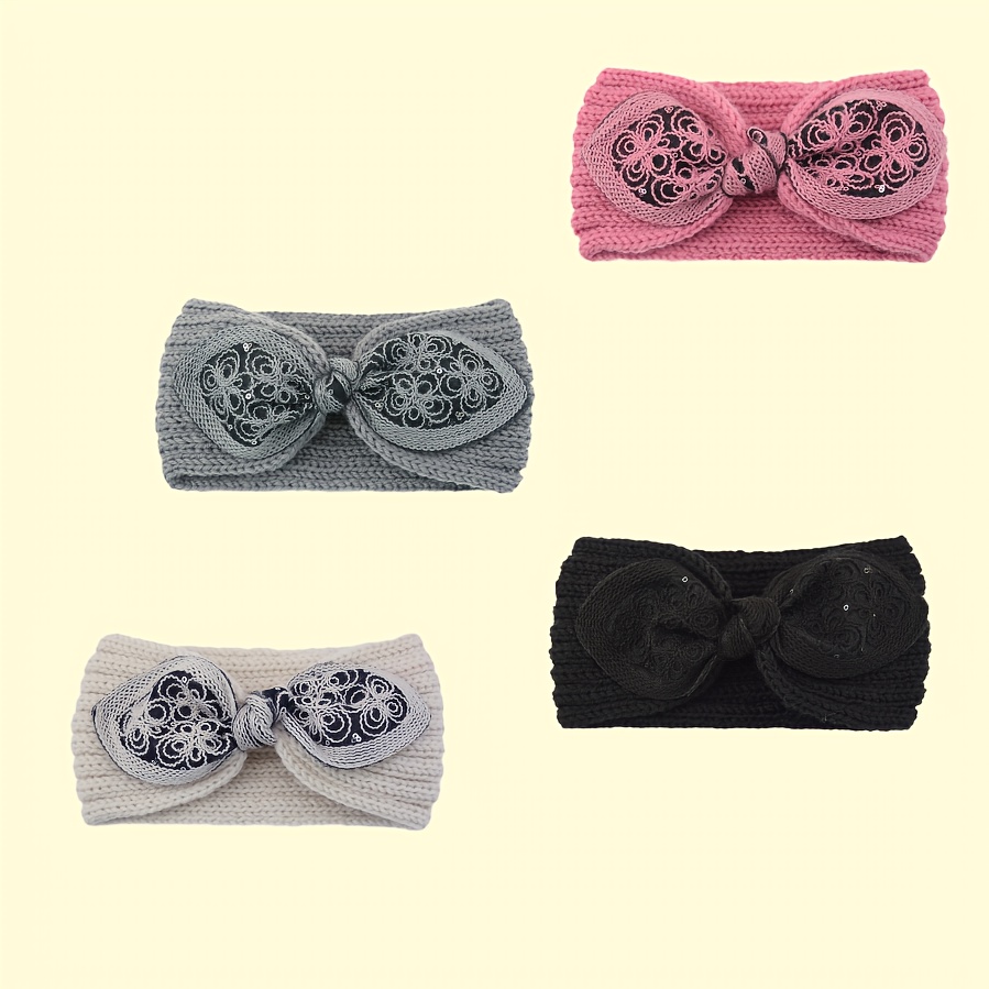 

Single-pack Women's Winter Soft Knit Headband With Embroidered Floral Bow - Warm Ear Warmer, Non-slip, Handmade Bohemian Style Hair Accessory In Pink, Gray, Black, And Cream