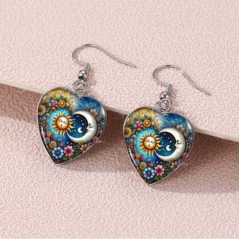 TEMU A Pair Of Heart-shaped Earrings Featuring Sun, Moon, And Floral Designs, Without Battery