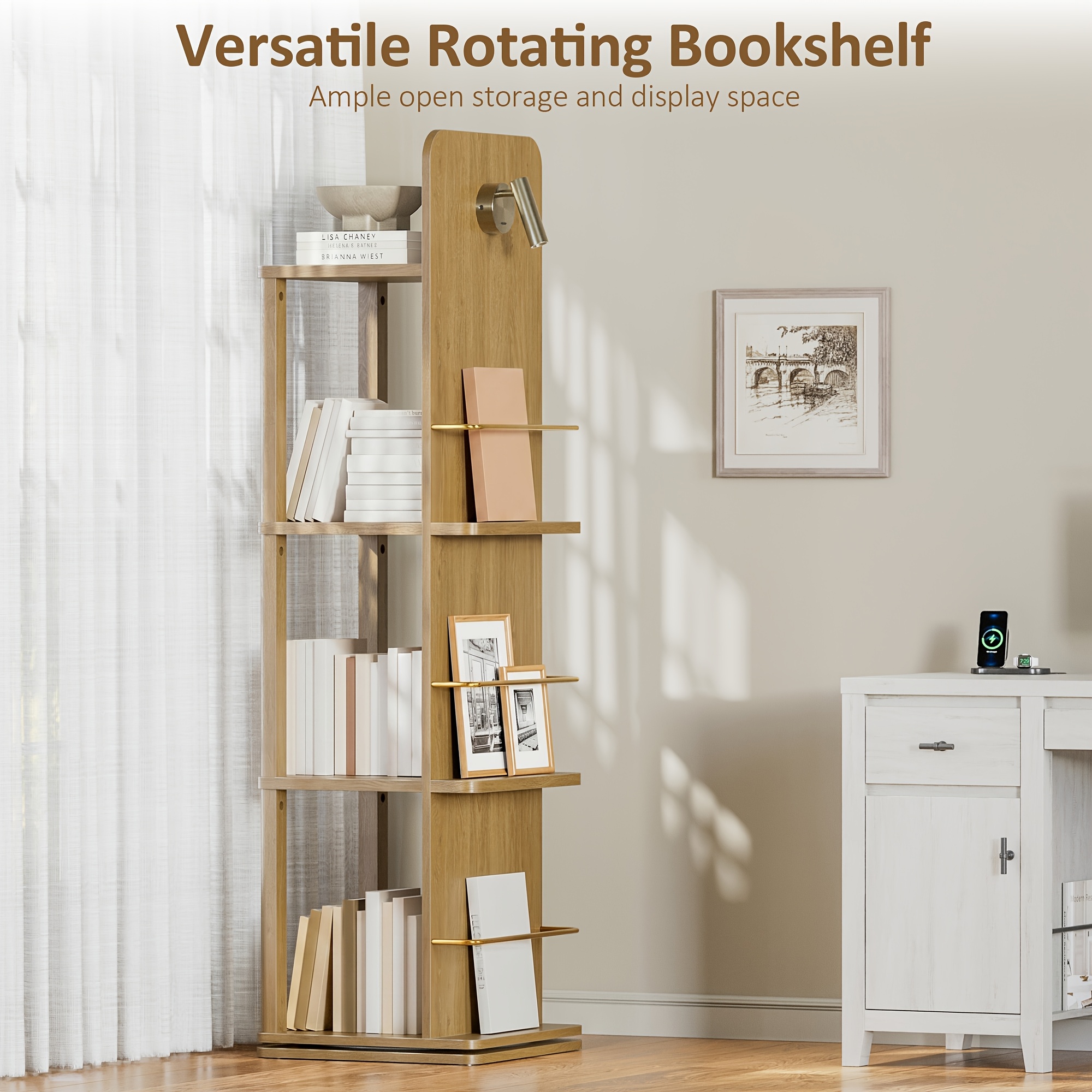4-Tier Rotating Bookshelf Tower with 360° Spinning Shelves - Natural Oak Wood Freestanding Bookcase Suitable for Small Spaces, Space-Saving Rolling Shelf for Home Office, Living Room, Assembly, Modern Square Bookcase for Books & Decor
