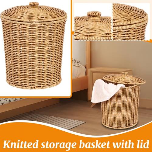 storage basket with lid rattan style laundry hamper and organizer for bedroom bathroom boho decor collapsible blanket basket with handles laundry baskets