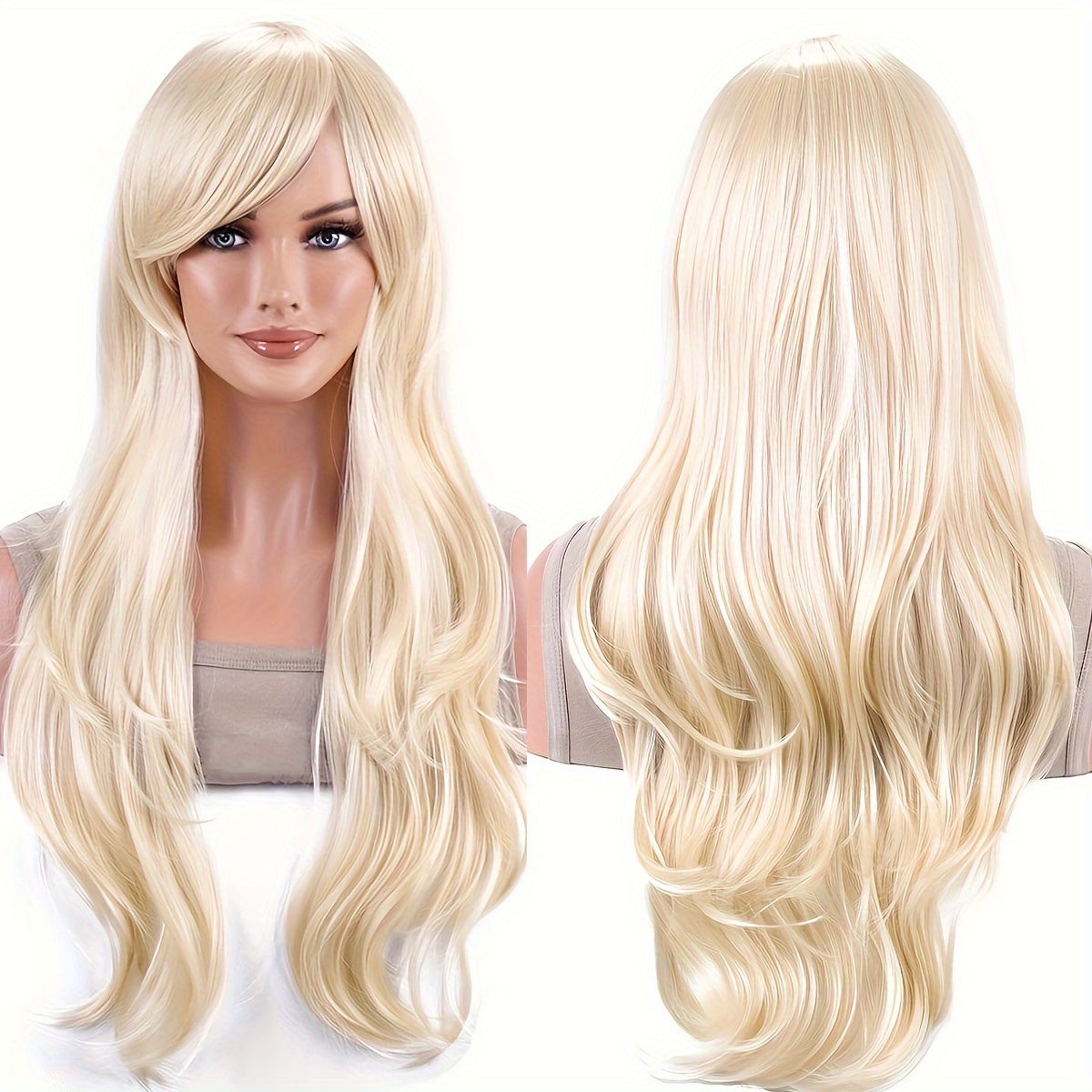 

Light Blonde Wig With Diagonal Bangs Natural Medium Long Wavy Wig For Women Heat-resistant Fiber Synthetic Wig For Daily Cosplay