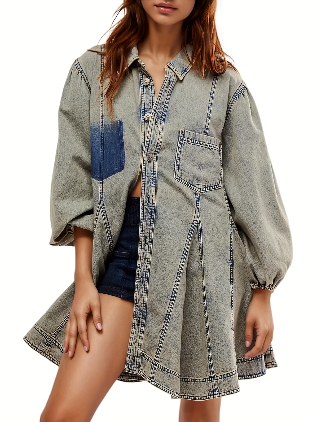 Women'S Denim Dress Long Balloon Sleeves Button A Line Swing Ruffle Jean  Mini Babydoll Dress with Chest Pocket