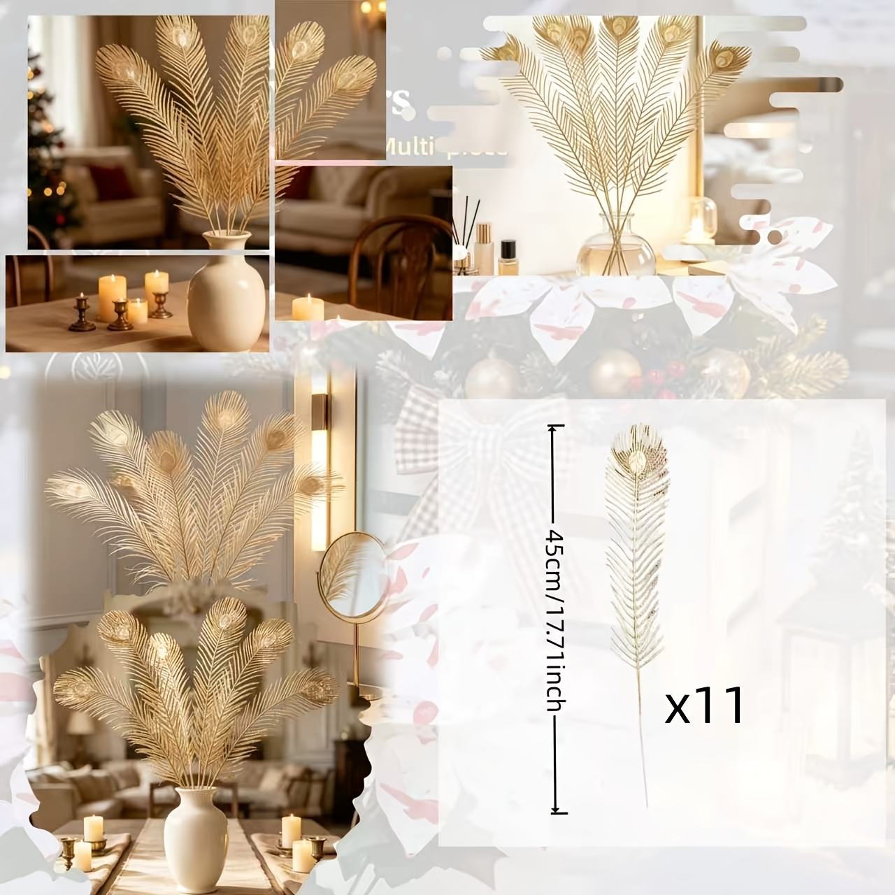 TEMU 11pcs Golden Artificial Branch With Realistic Peacock Feathers & Linear Flower Bouquet - Suitable For Christmas Table Centerpiece, Fireplace