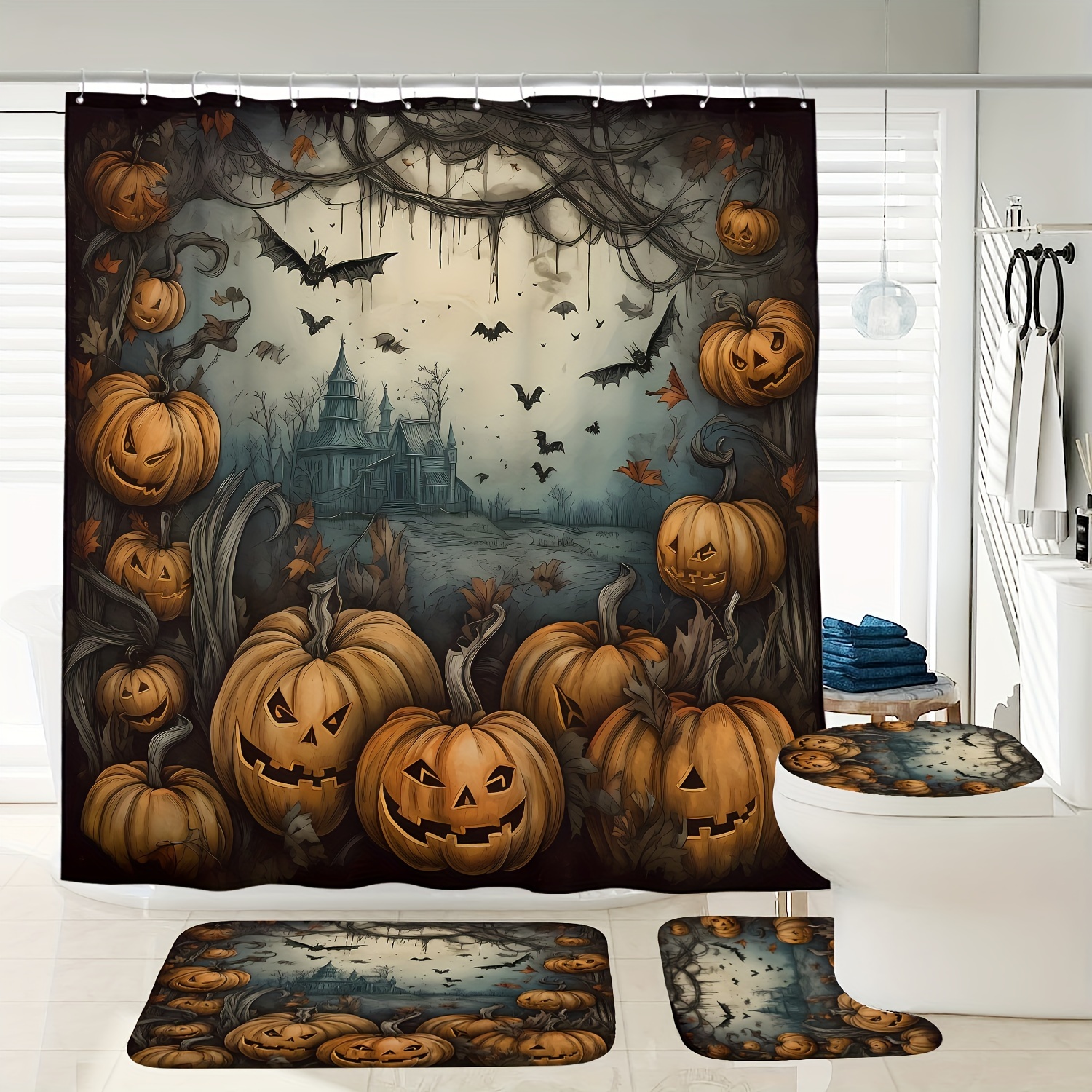 

Halloween Shower Curtain Set With Pumpkin Bat Motif - Includes Waterproof Curtain, Non-slip Bath Mat, Toilet Lid Cover & 12 Hooks - Cordless Woven Polyester Home Bathroom Decor With Forest Theme