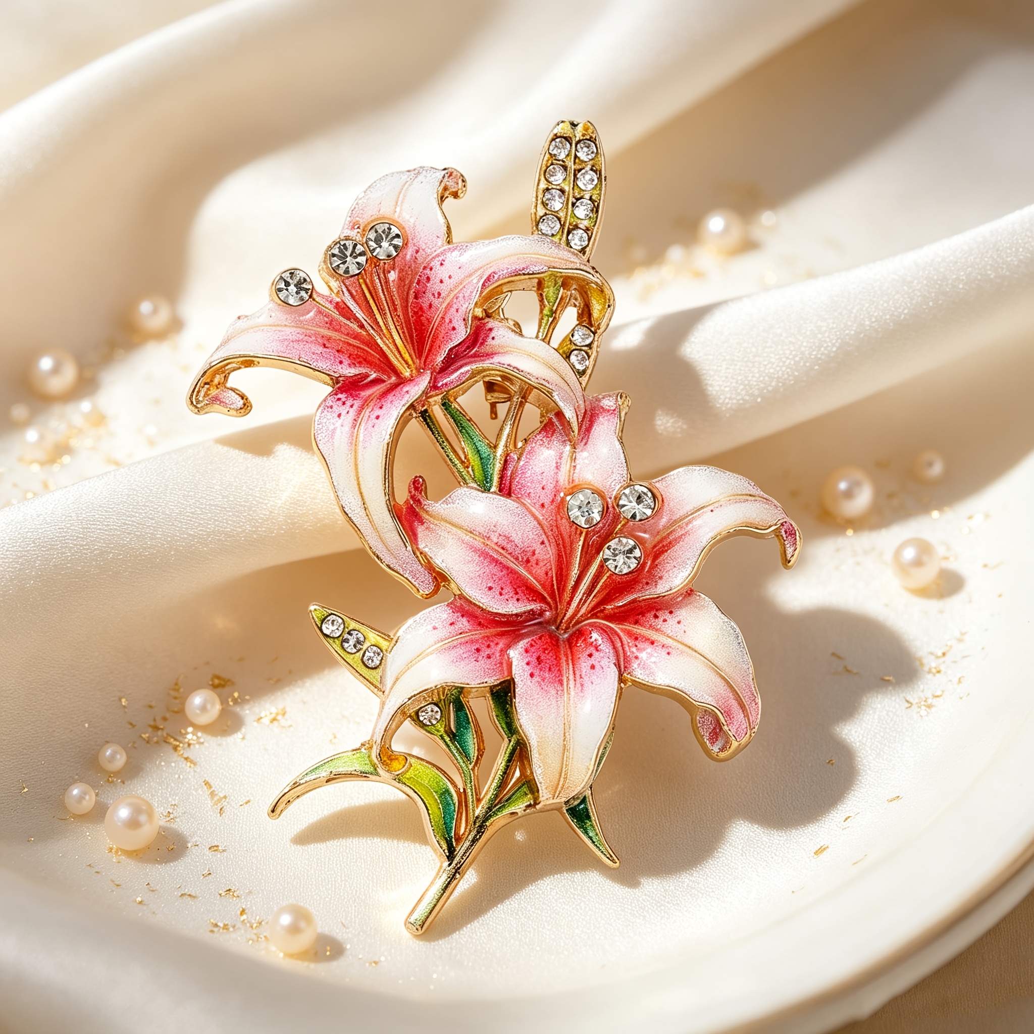 TEMU 1pc Double Lily Flower Enamel Brooch, Rhinestone Vintage Flower Spray Brooch, Cheongsam Suit Women's Elegant Accessory Gift, Suitable For