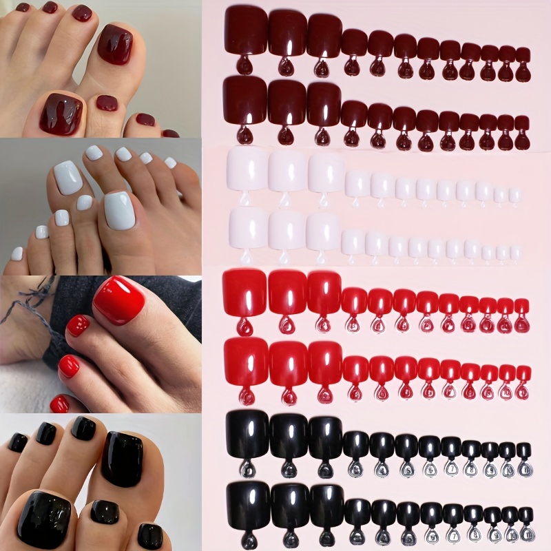 TEMU 96pcs Press On Toenails Set In Black, Red, And White Tones - Square Shape, Short Length, Pure Color Glossy Finish - Multipack For Versatile Manicure Styles