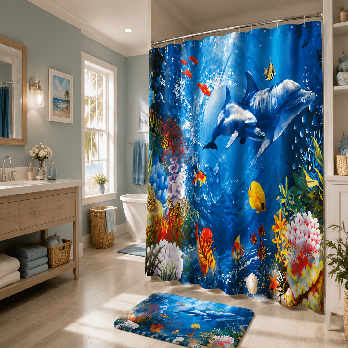 Under The Sea Dolphin Coral Pattern Shower Curtain with Hooks