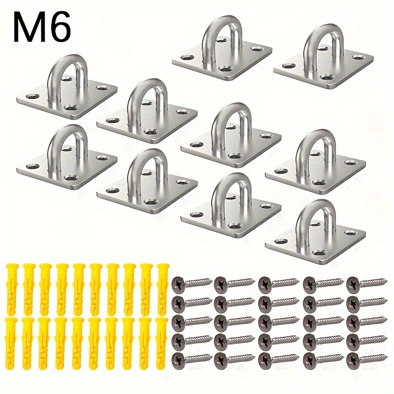 10pcs M6 Heavy Duty Pad Eye Plates, Stainless Steel Ceiling Hooks With Mounting Screws, Square Eyelet Hooks For Indoor & Outdoor Use, For Hammocks, Ropes, Cables And