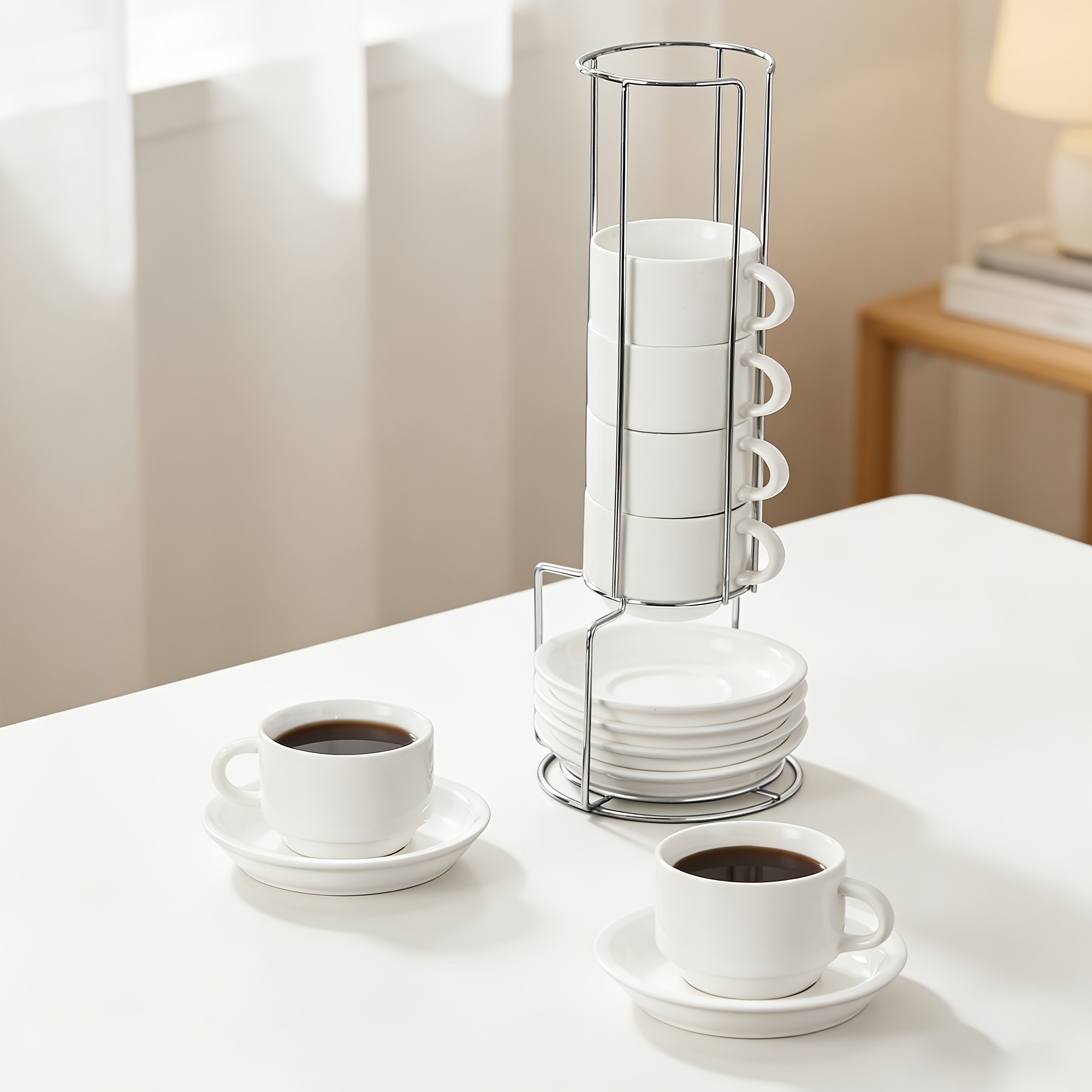 Image of Coffee Cups, 9oz Cappuccino Cups Set Of 6, Stackable Coffee Cups With 6 Saucers, Metal Stand, Coffee Mugs For Latte, Cafe, Mocha, Tea