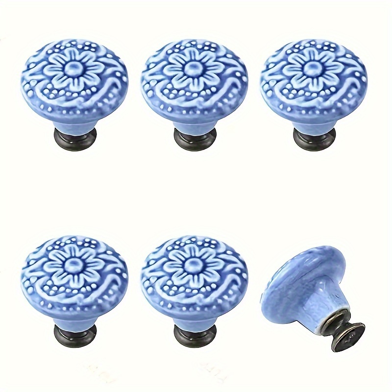 

6-pack Blue And White Ceramic Drawer Knobs With Antique Metal Finish, Suitable For Cabinets, Bathroom Doors, And Dressers, Includes Installation Hardware - Ideal For Home Decor Use