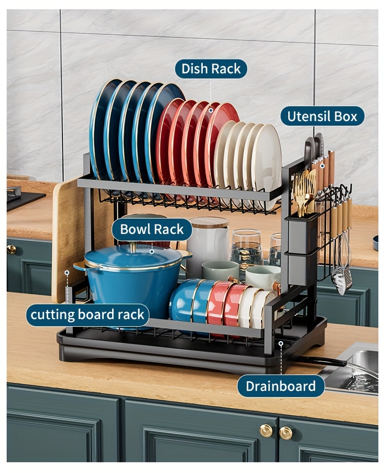 dish drying rack kitchen organizers and storage 2 tier kitchen organizers and storage for dishes bowls cutlery black local warehouse Product details 2