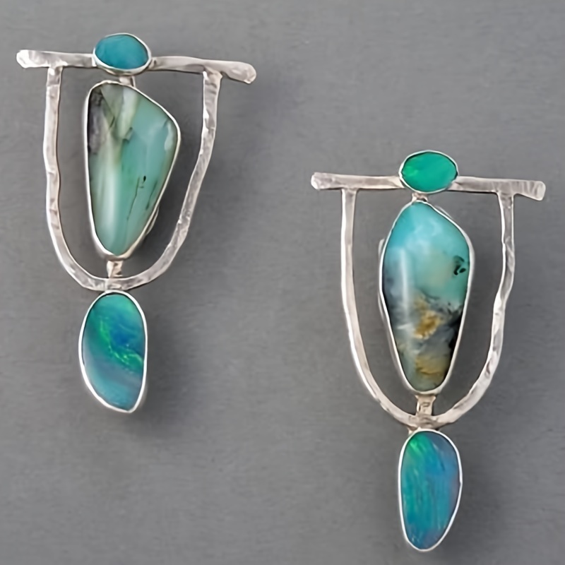 TEMU Elegant Retro Green Stone Dangle Earrings - Perfect For Weddings And Special Occasions