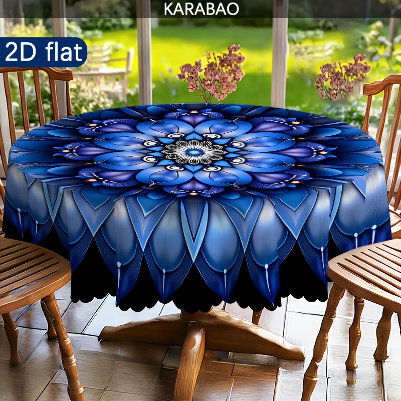 TEMU 1pc Blue Mandala Floral Pattern Round Tablecloth, Vintage Bohemian Floral Tablecloth, Farmhouse Style, Indoor And Outdoor, Home Dining Patio
