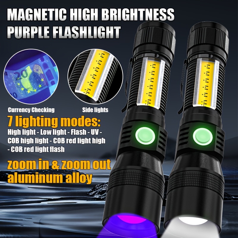 

Uv/magnetic Base/sidelight/zoomable Rechargeable Led Flashlight With Cob Work Light, 4 Modes For Camping, Emergency, Bright Pocket Flash Light For Stains Detection